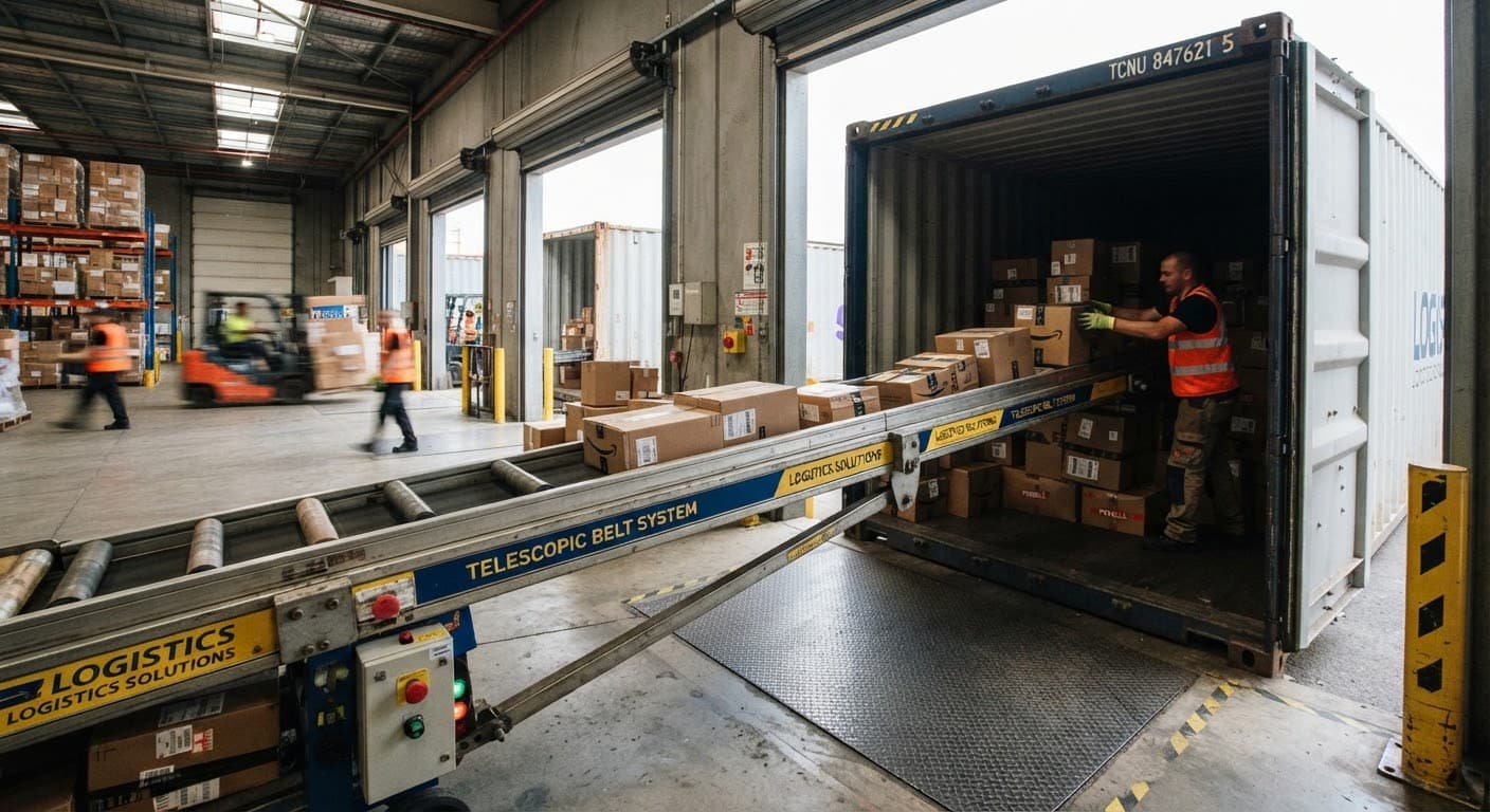 Telescopic conveyor belt extending into a shipping container