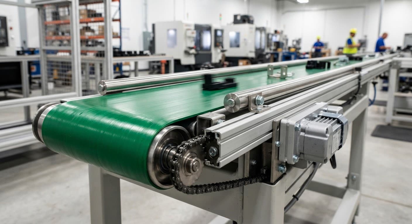 A close-up, high-contrast image of a green PVC conveyor belt system operating in a clean manufacturing plant