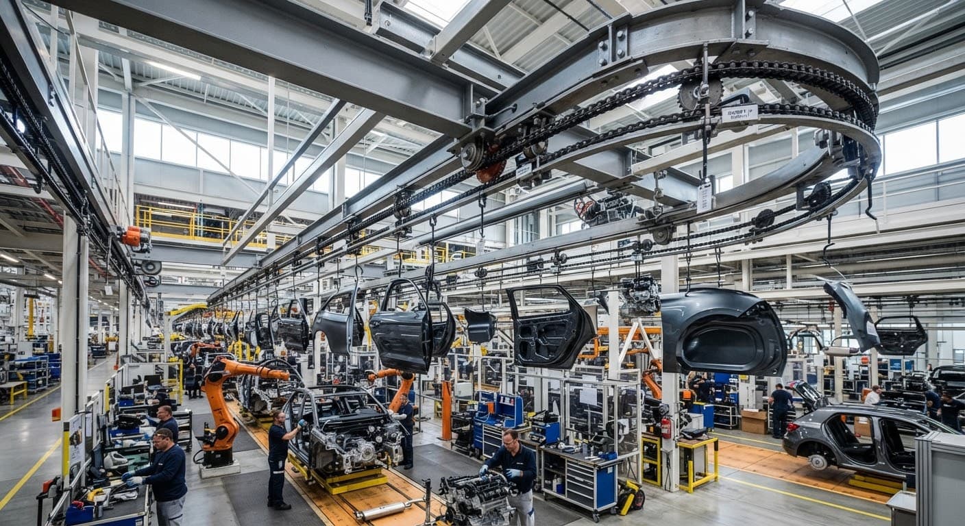Overhead chain conveyor system moving automotive parts through an assembly line