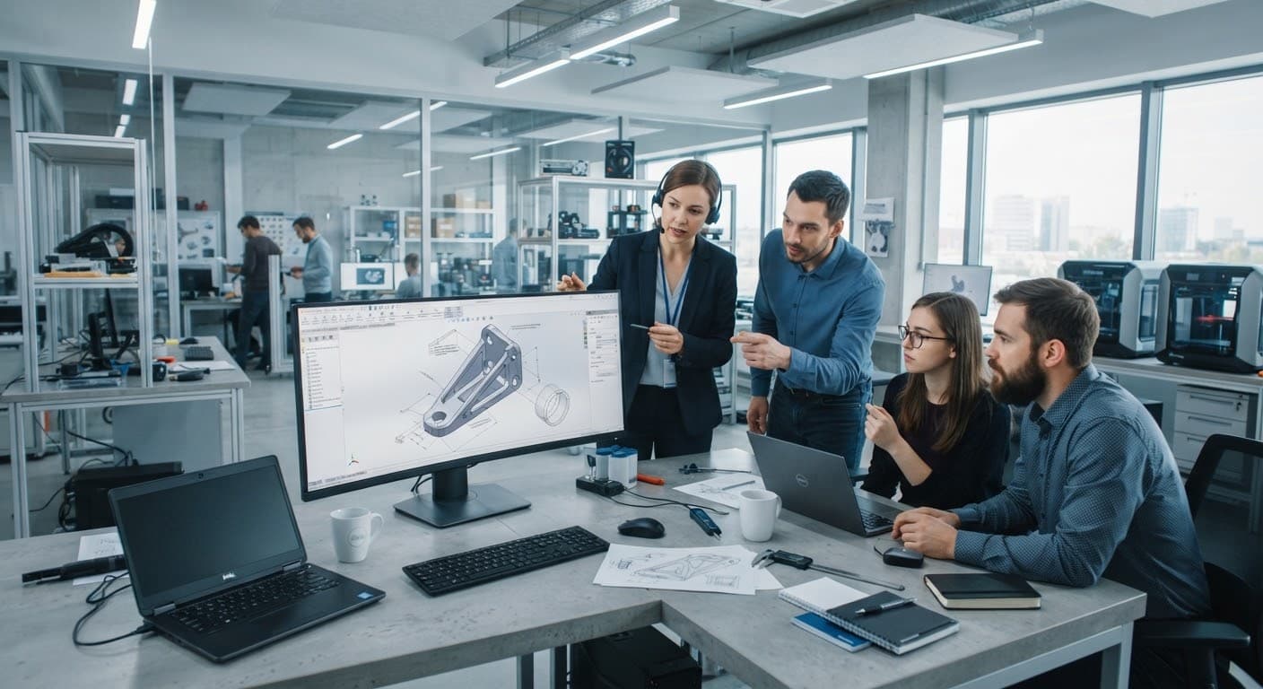 Đội ngũ kỹ sư xem xét mô hình CAD trên màn hình lớn trong văn phòng thiết kế công nghiệp