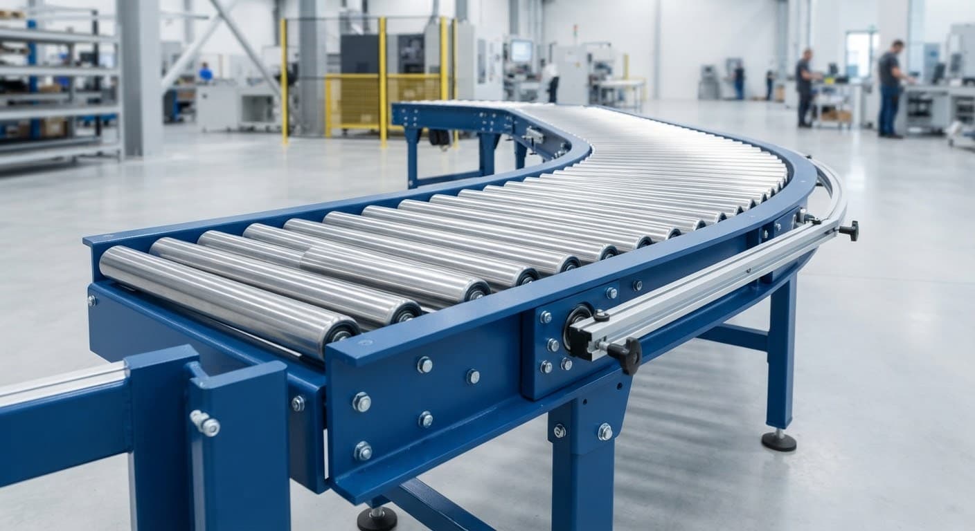 A highly detailed, professional product photography shot of a robust industrial roller conveyor system
