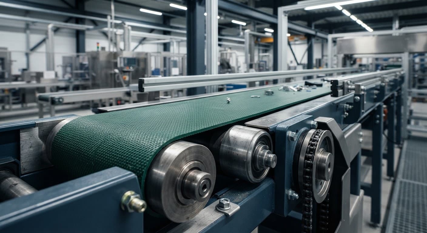 A highly detailed close-up shot of a heavy-duty PVC conveyor belt in a clean, modern industrial factory setting