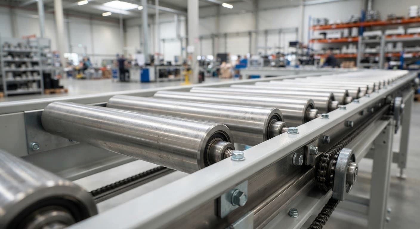 A macro photograph of an industrial roller conveyor system, featuring polished steel cylinders aligned perfectly in…