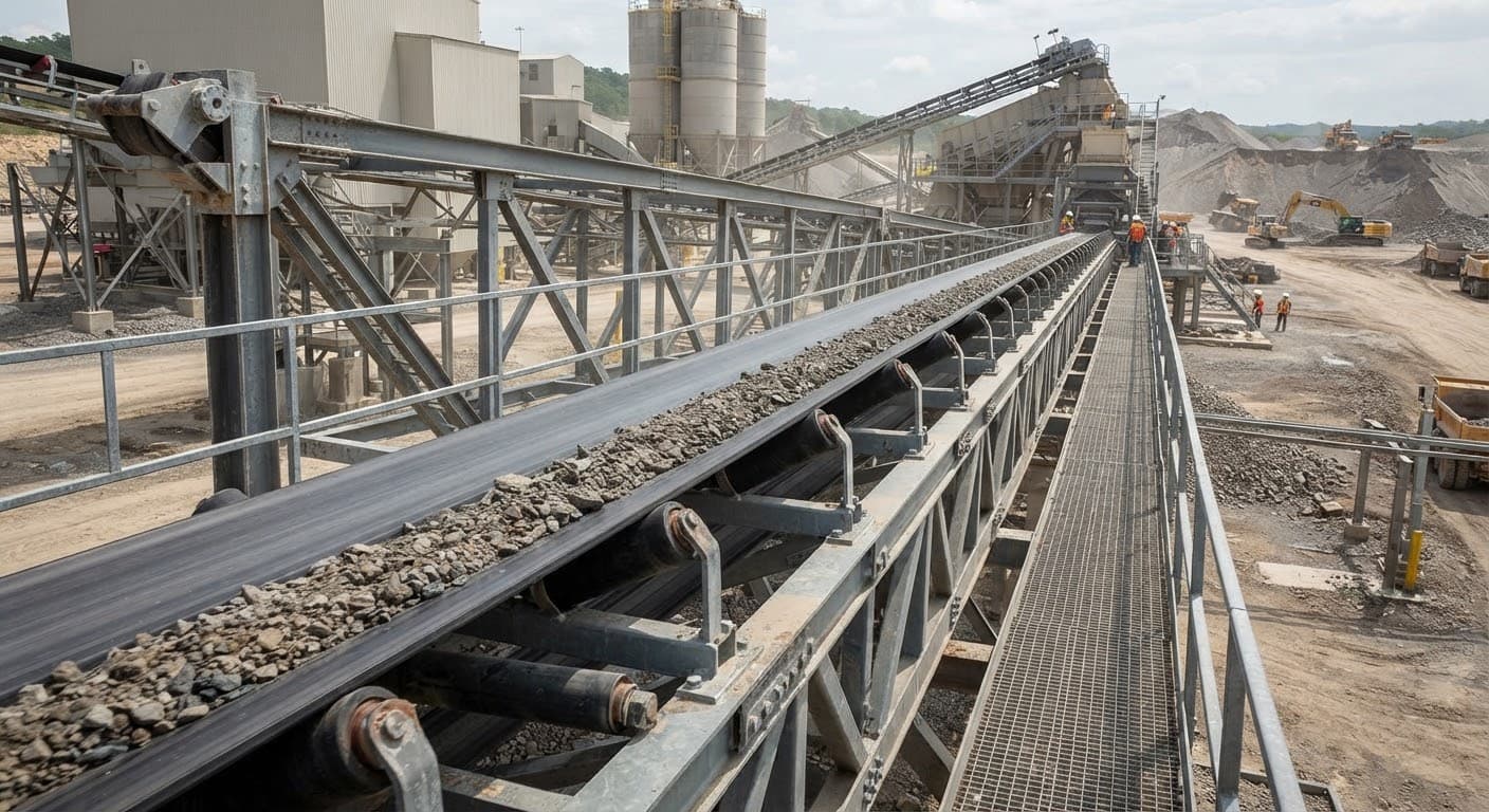 A wide shot of a massive, heavy-duty black rubber conveyor belt designed for mining or heavy aggregate transport