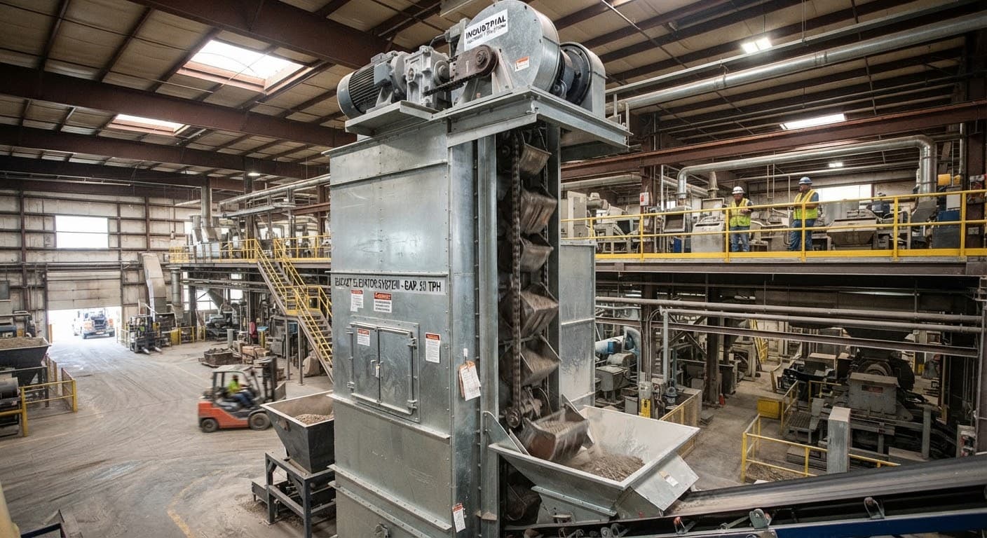 Industrial bucket elevator mechanism in a factory setting