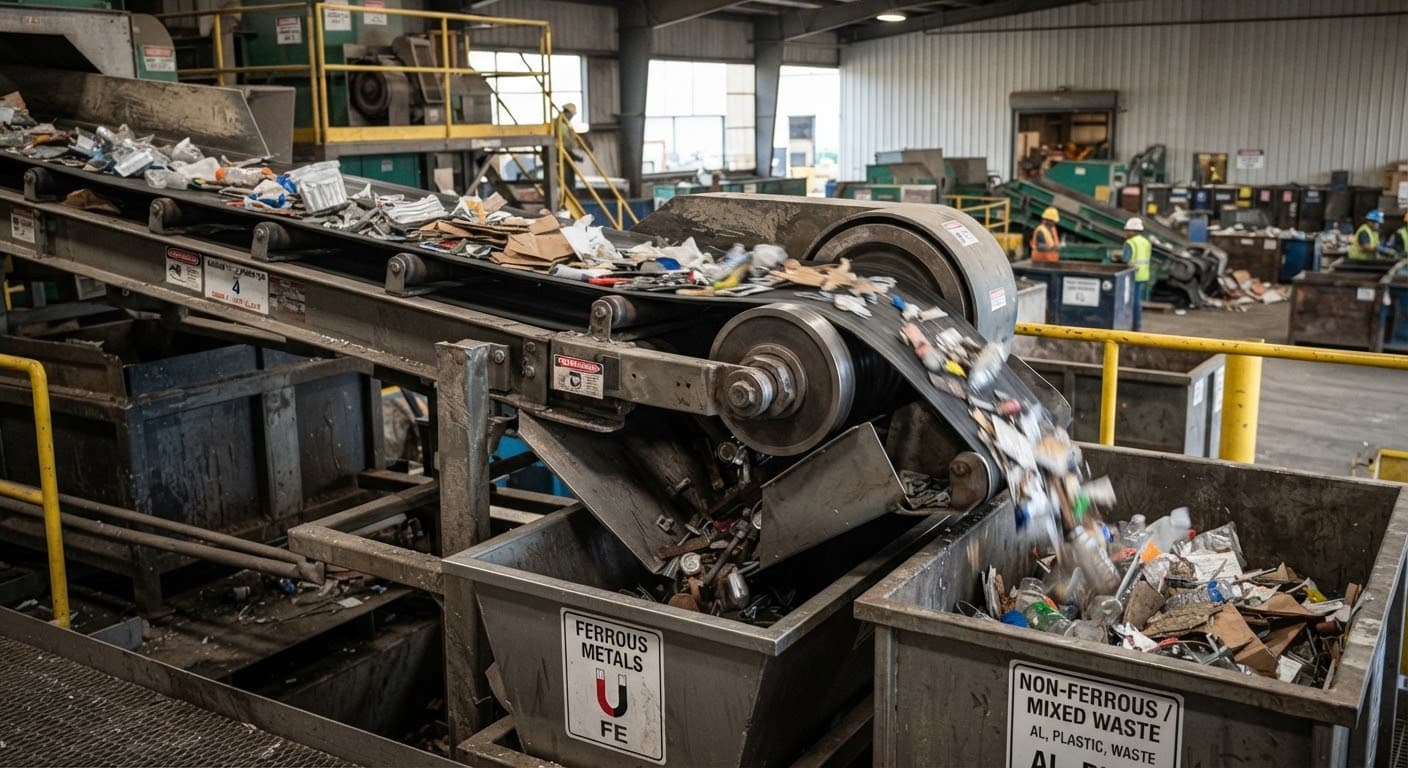 Magnetic conveyor belt separating metals