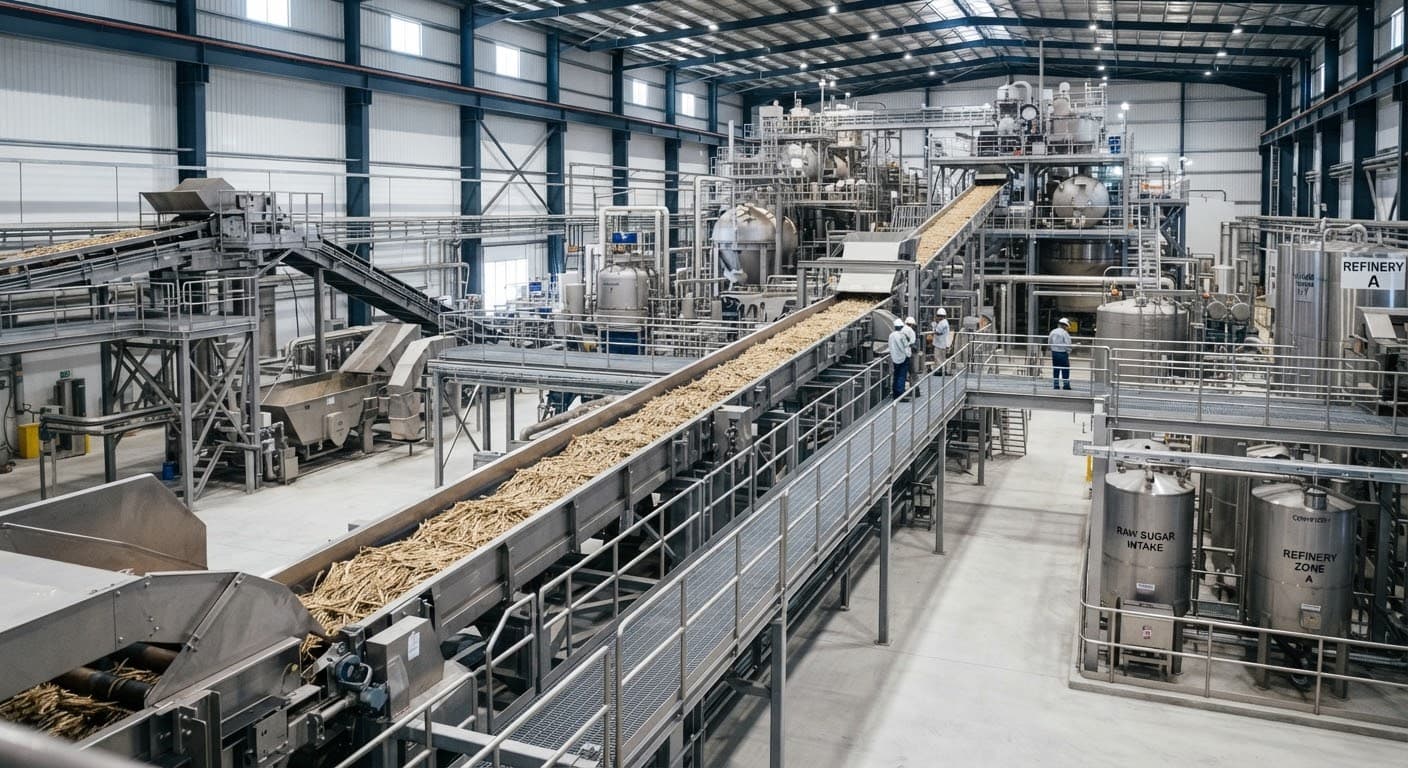 A sprawling industrial sugar refinery interior featuring a massive, heavy-duty stainless steel conveyor belt system…