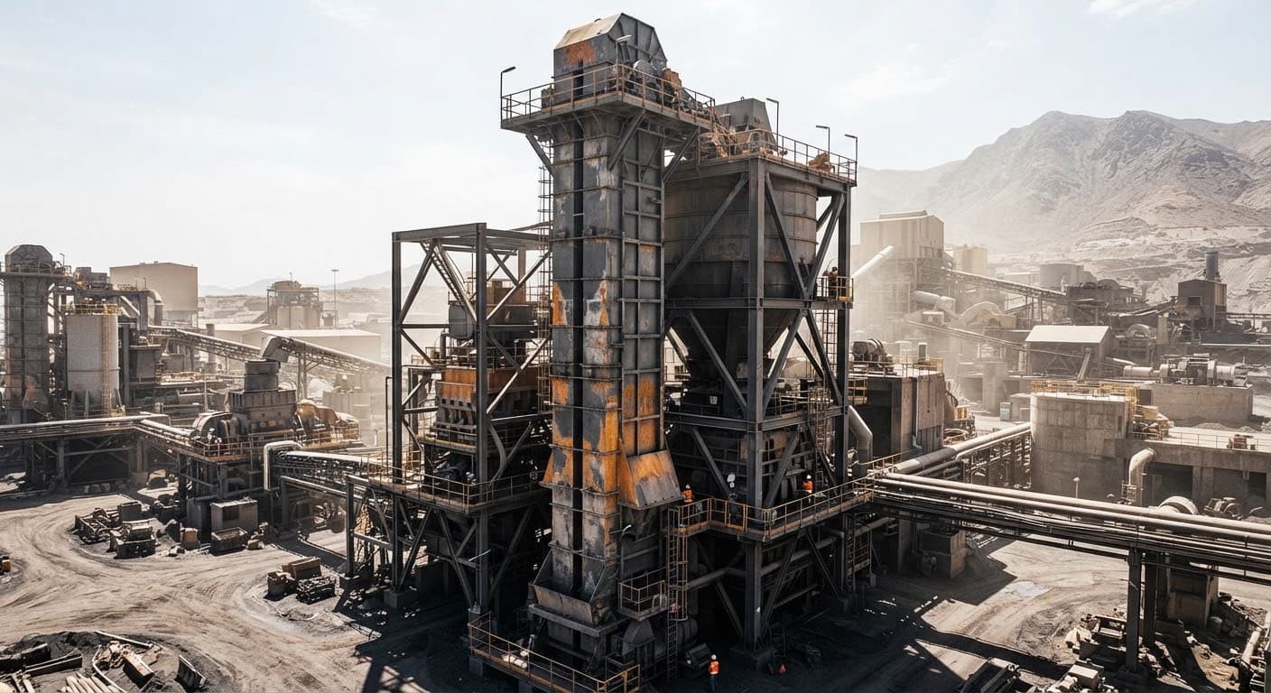 An imposing vertical bucket elevator (gàu tải) installation set against a harsh, dusty industrial landscape…