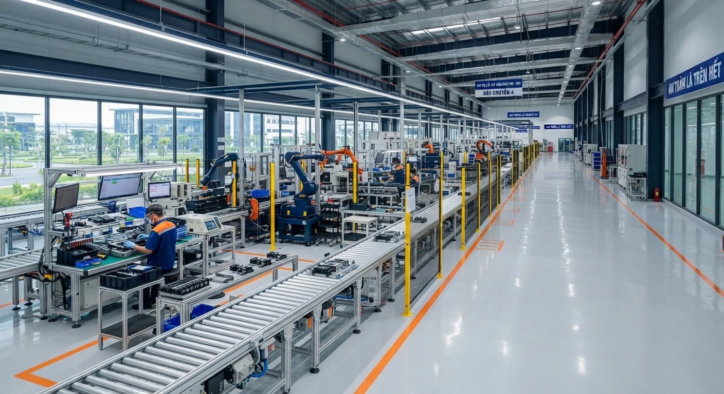 A meticulously organized manufacturing assembly line inside a modern industrial park (VSIP)