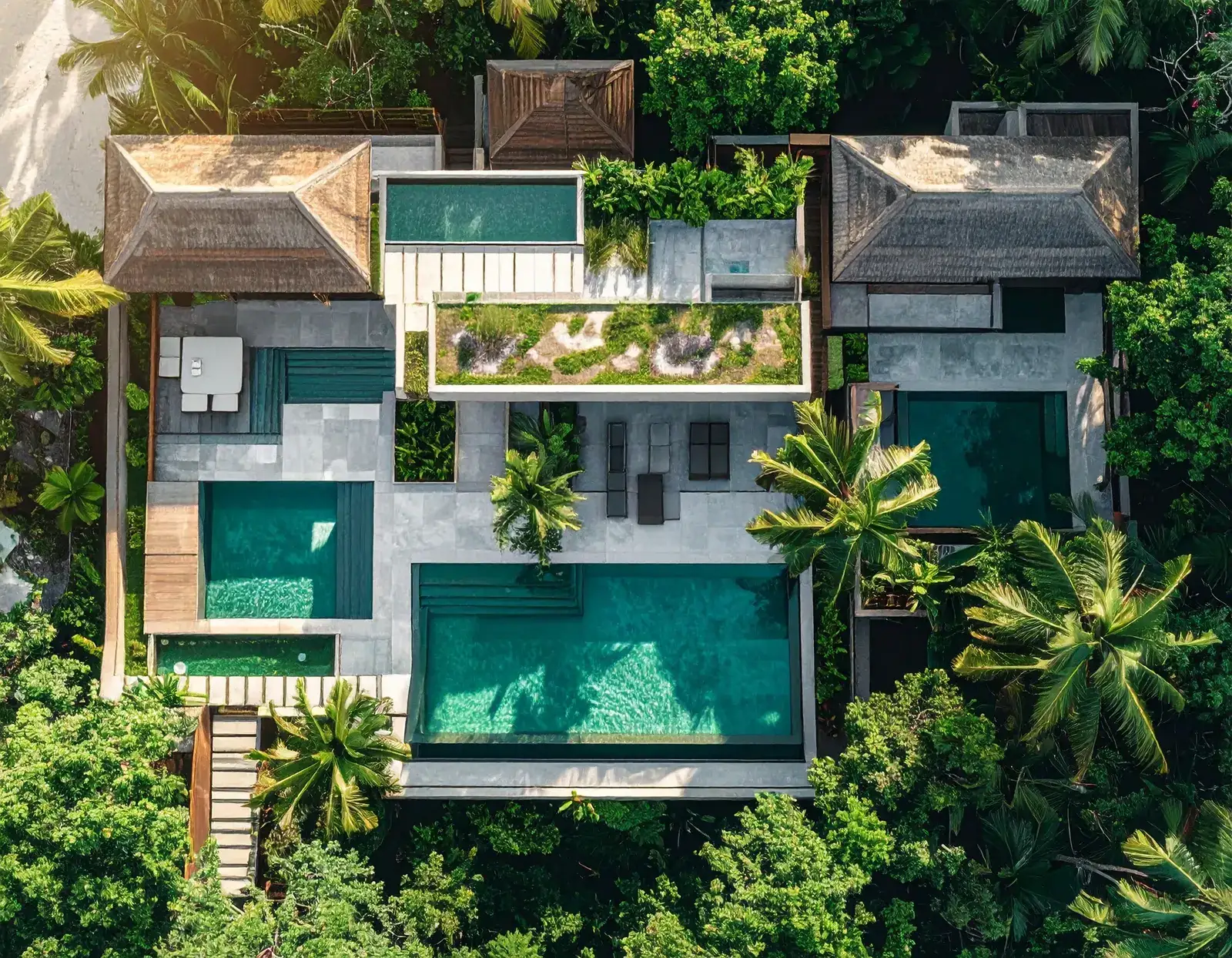 Các biệt thự có hồ bơi riêng giữa vườn cây nhìn từ trên cao
