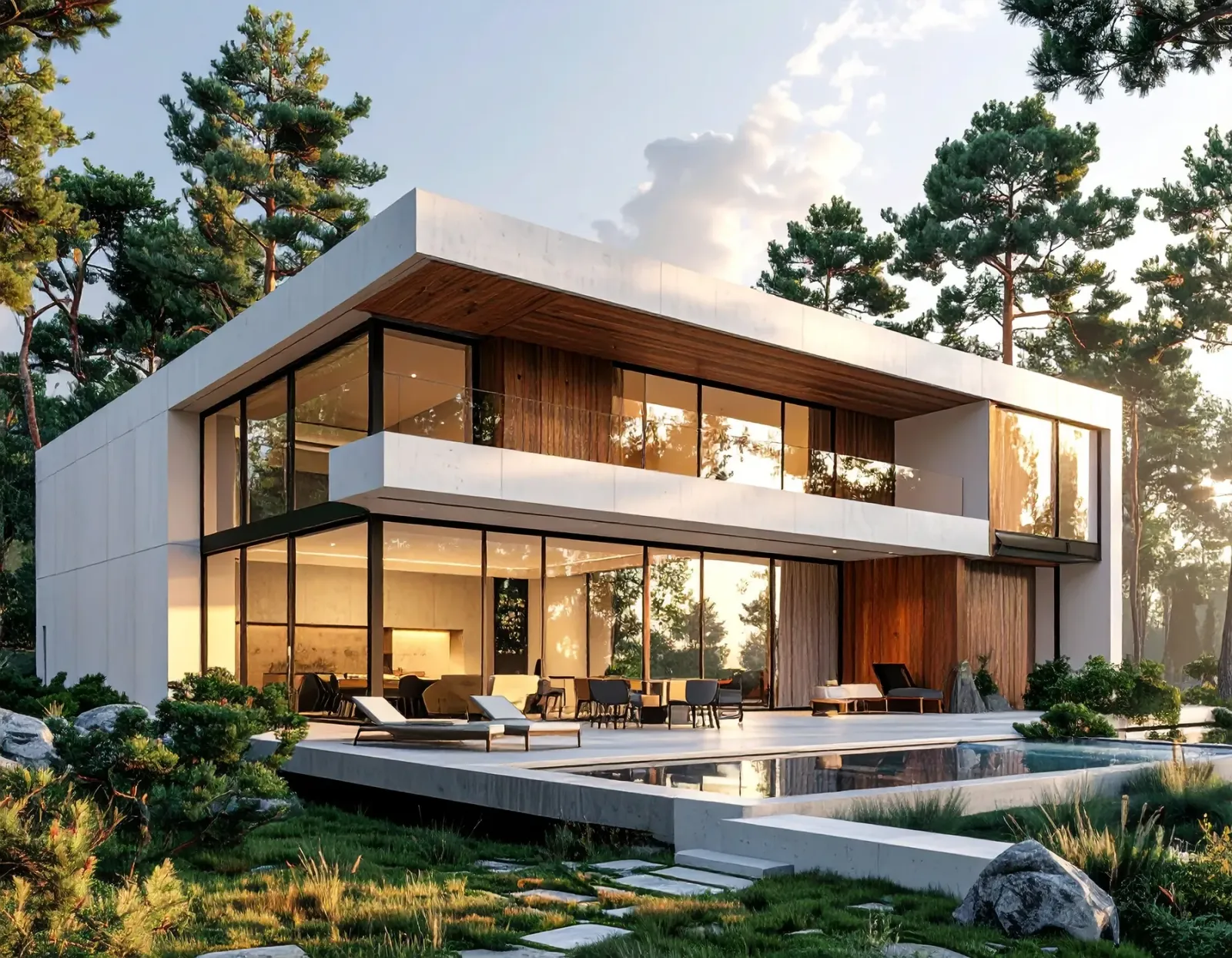 Mặt tiền khối duplex sân vườn với kính lớn và hàng cây xanh