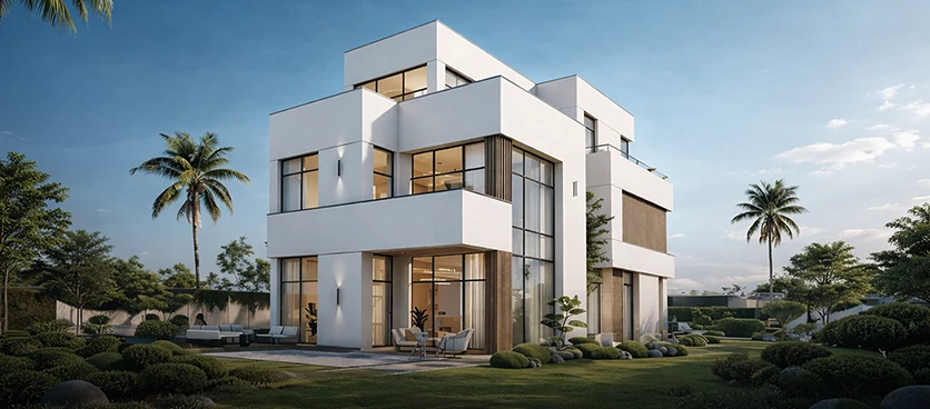 Phối cảnh khối nhà thấp tầng Halcyon River Residences giữa vườn cây và hàng cọ