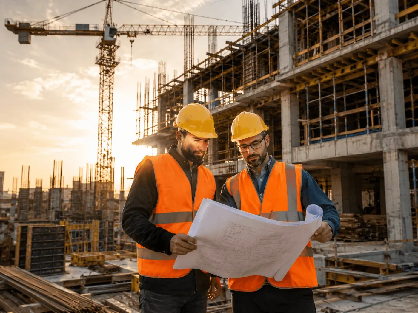 Kỹ sư xem bản vẽ trên công trường lúc chiều tà