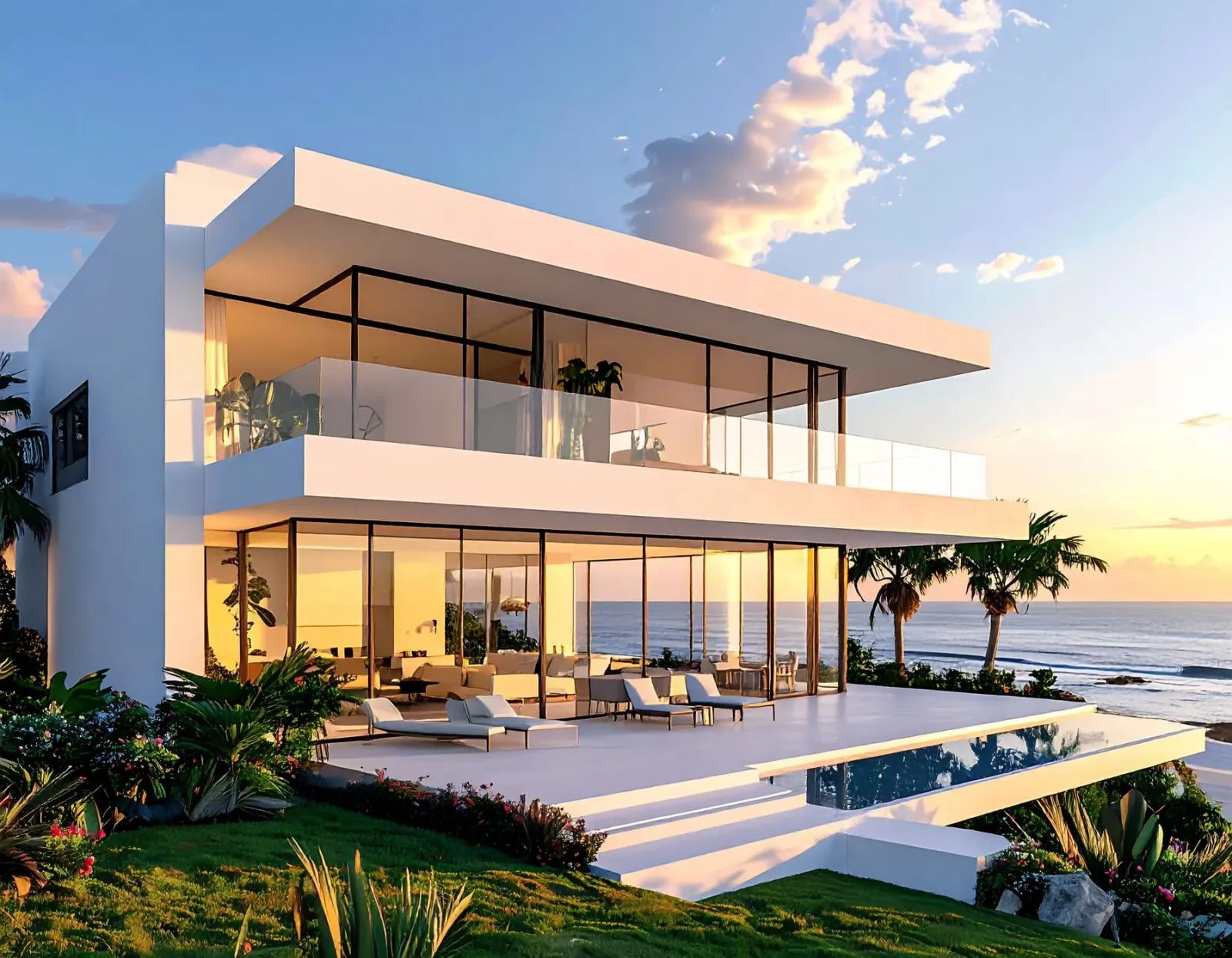 Sky villa với sân hiên, hồ bơi riêng và hàng cọ lúc hoàng hôn