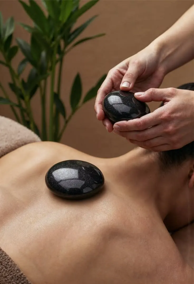 Hot stones arranged on a massage table