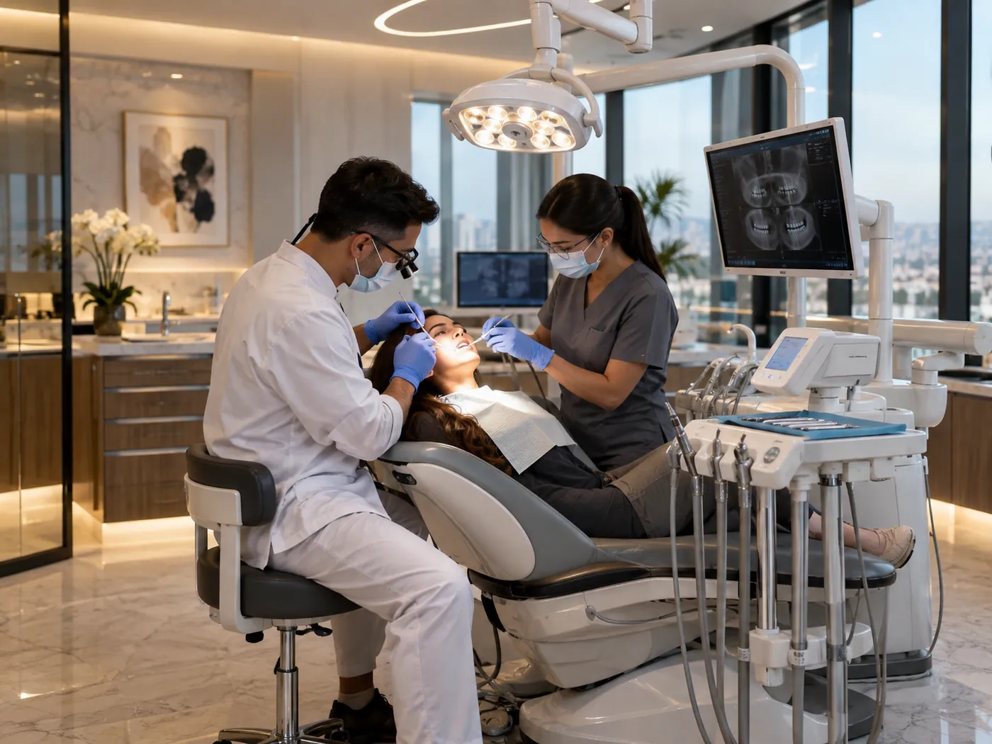 Bác sĩ và trợ thủ đang điều trị cho khách hàng