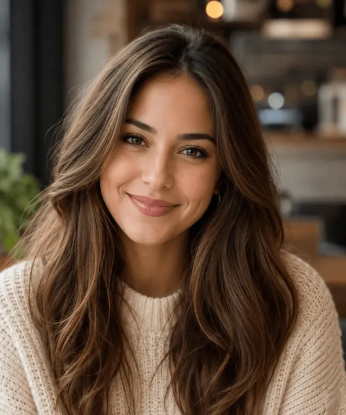 Tóc dài uốn sóng lơi, nhuộm balayage nâu caramel
