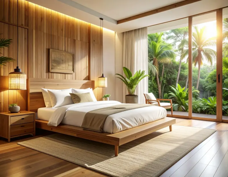 Phòng ngủ gỗ ấm áp có cửa kính nhìn ra vườn cây