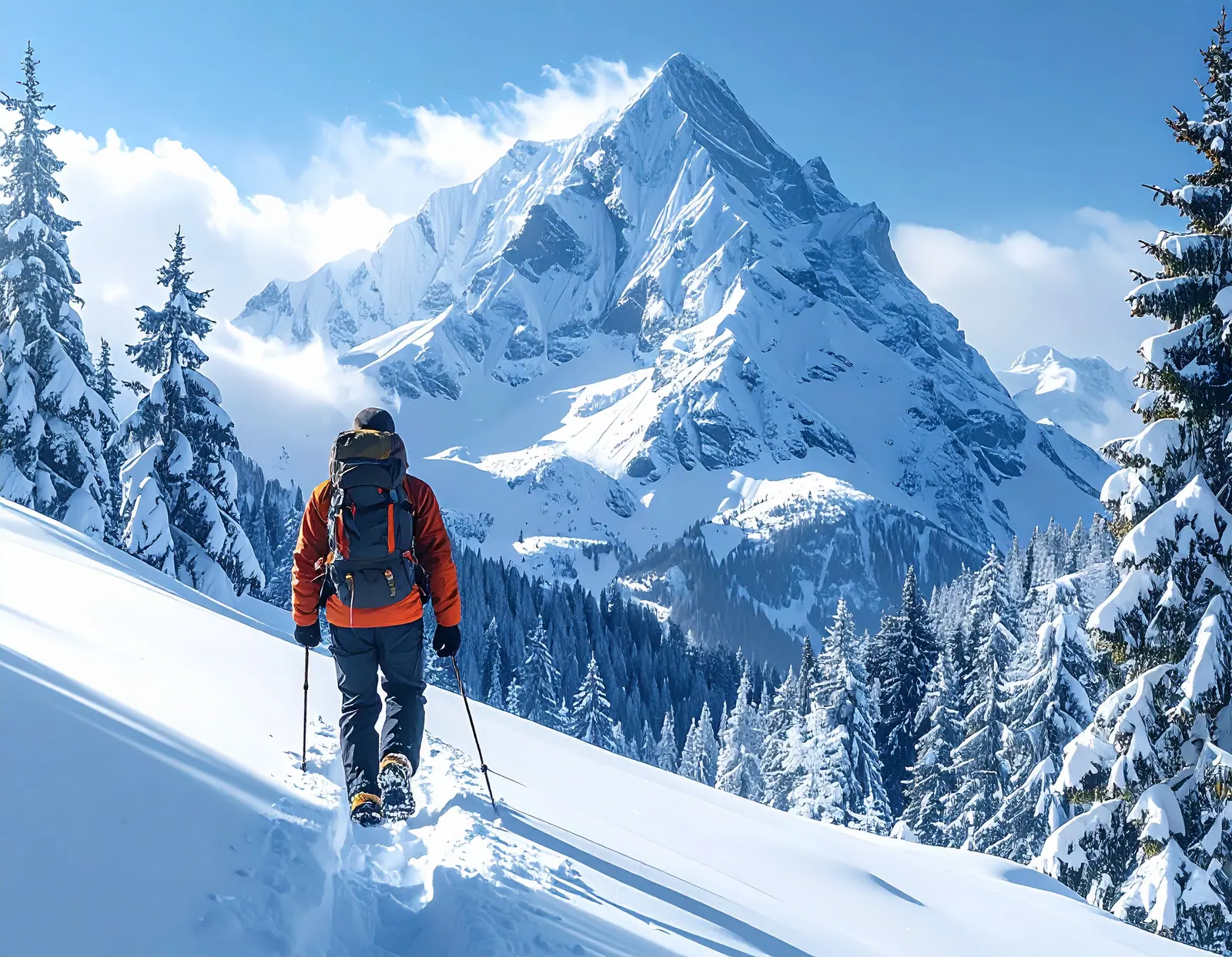 Người đi bộ trên tuyết dưới đỉnh núi Alps